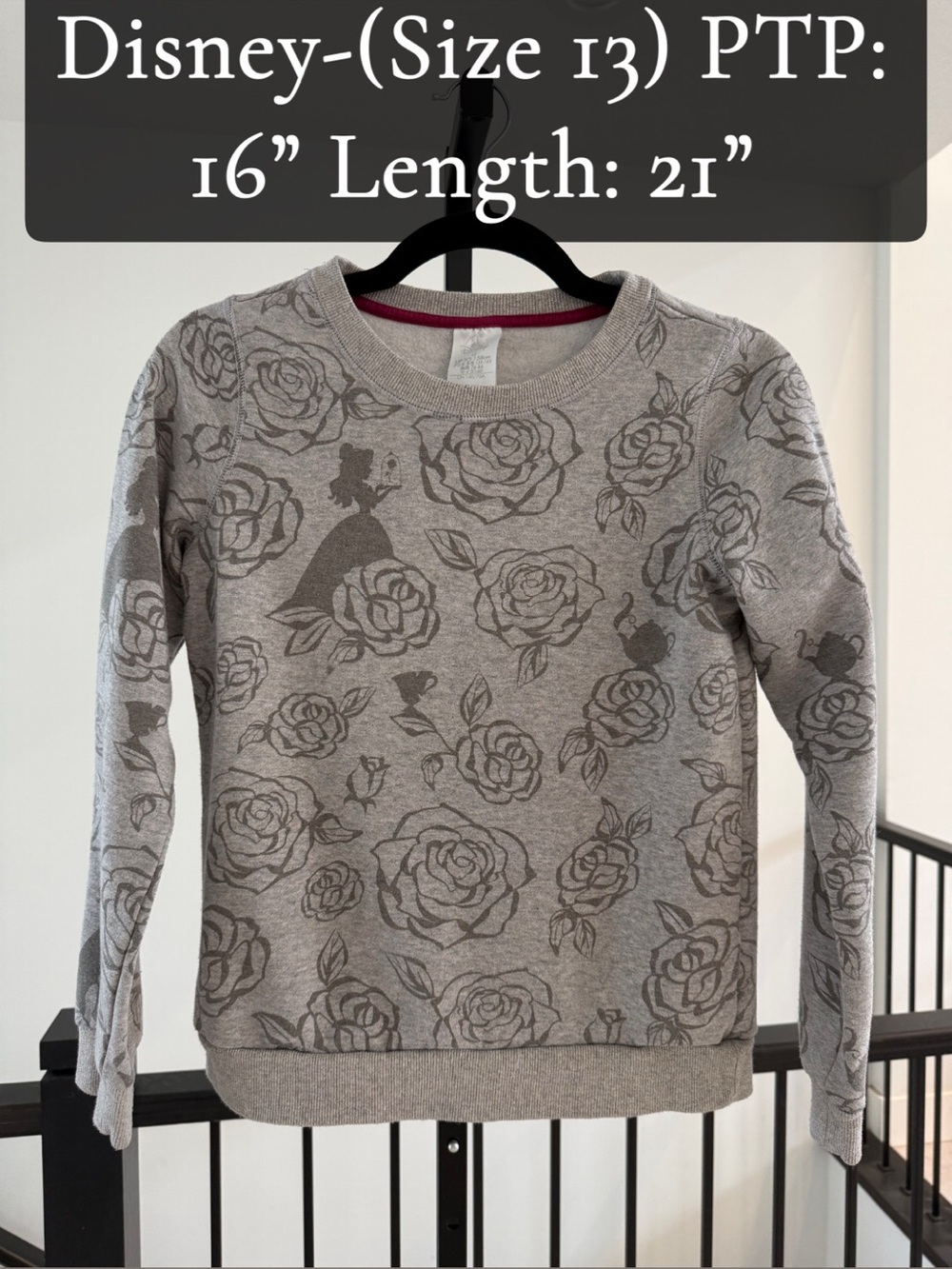 Disney Gray Rose-Print Crewneck Sweatshirt